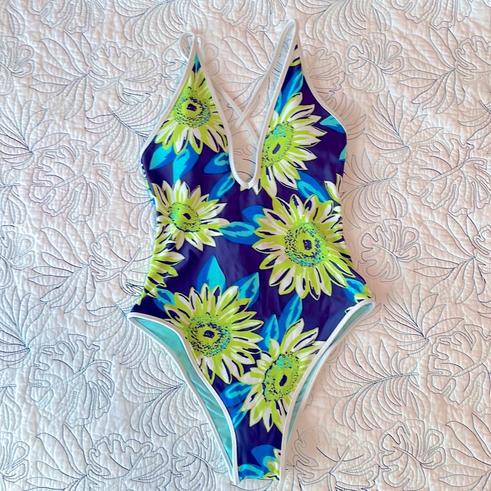New Aerie Sunflower one piece cheeky swimsuit Small lime purple floral - Picture 2 of 5